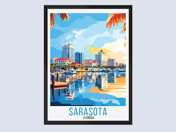 Sarasota Florida Vintage Travel Poster Marina Skyline Sunset Reflections Art