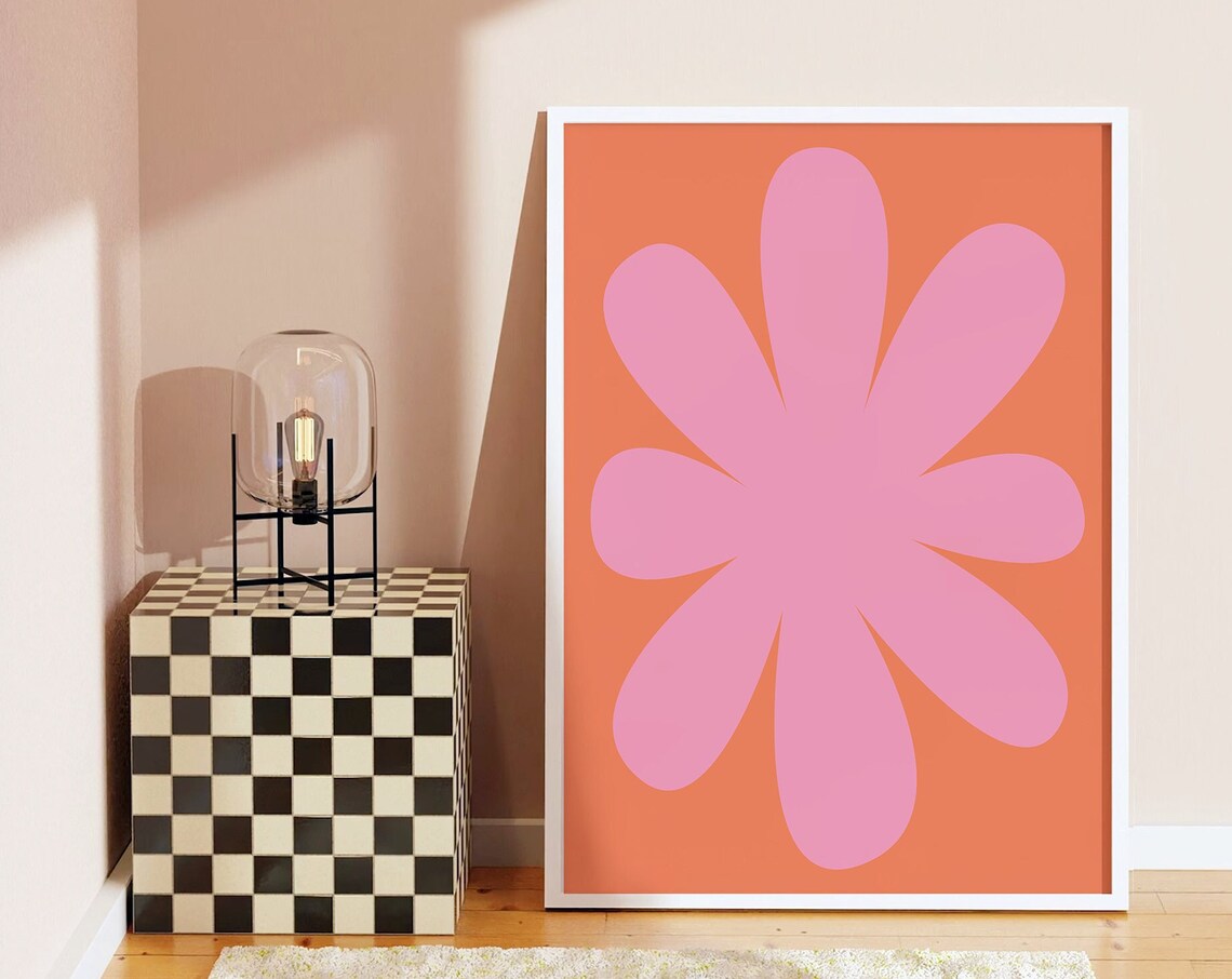 Retro Pink Flower Orange Background Minimal 70s Floral Poster