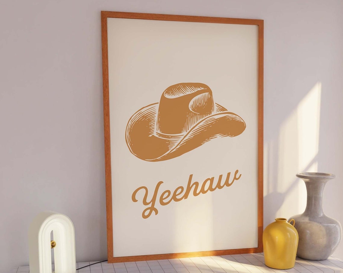 Tan Cowboy Hat Yeehaw Golden Retro Western Script Cream Art Poster