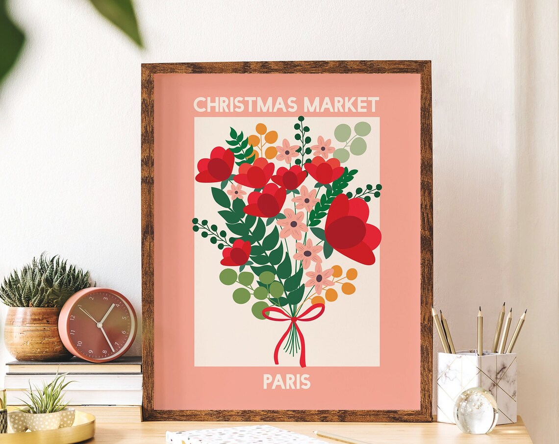 Pink Paris Christmas Market Floral Bouquet Holiday Travel Poster - Image 5