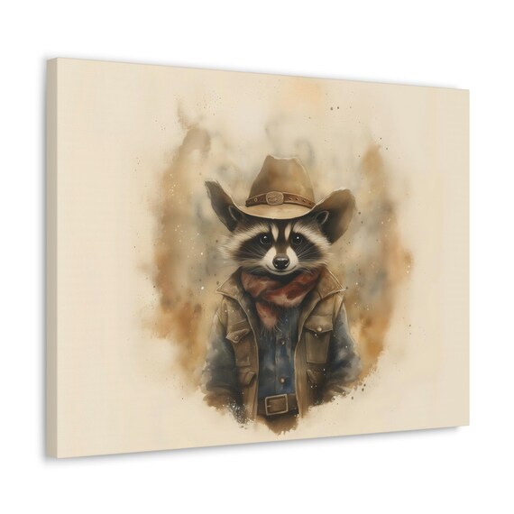 Cute Raccoon Cowboy Hat Watercolor Painting Rustic Western Nursery Poster