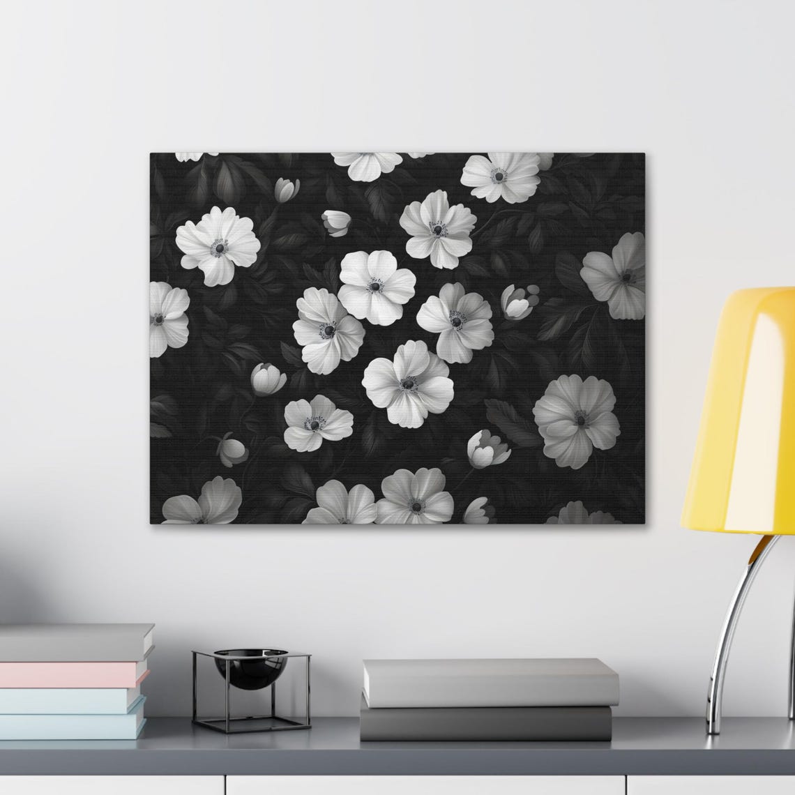 Black And White Floral Pattern Blossoms On Dark Canvas Poster - Image 2