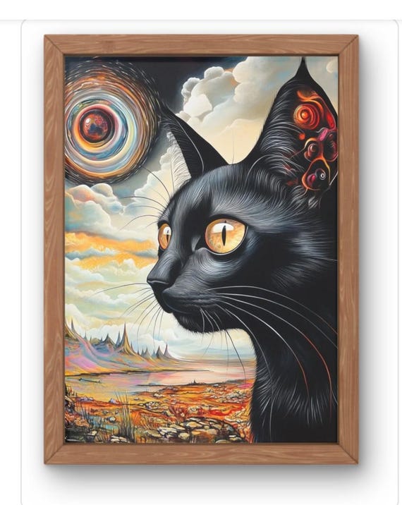 Surreal Black Cat Art Print Dali Inspired Fantasy With Cosmic Eye And Dreamscape Available In A5 A1