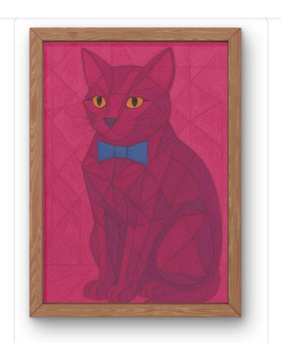 Geometric Pink Cat Art Print Abstract Modern Feline Illustration Stylish With Bow Tie Wall Decor Available A5 A1