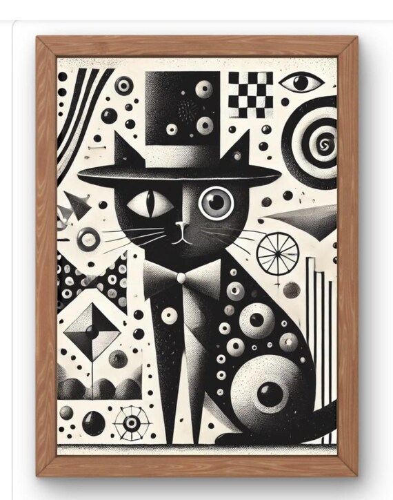 Dada Inspired Surreal Cat Art Print Abstract Balck And White Wall Decor Whimsical Modern In A Hat Available Range Of Sizes