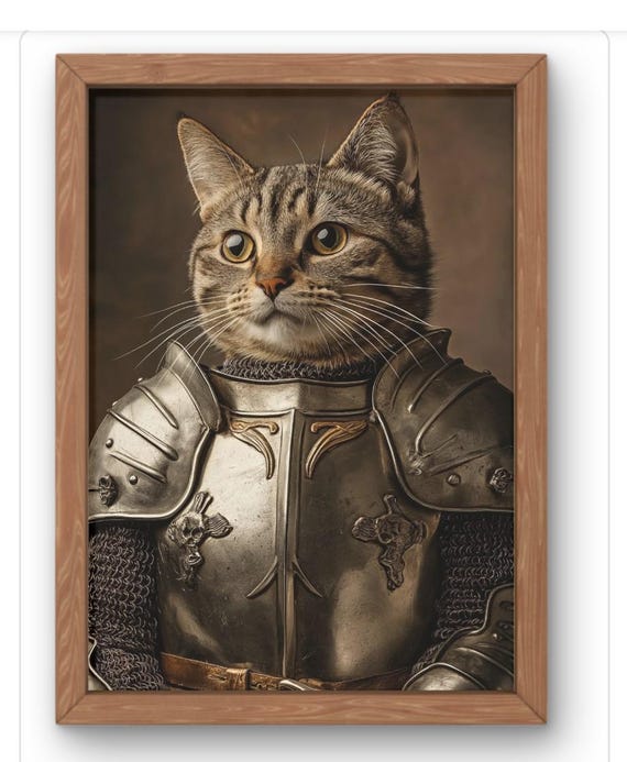 Knight Cat Portrait Print Medieval Wall Art In Armour Funny Regal Pet Illustration For Lovers Gifts And Grand Home Decor