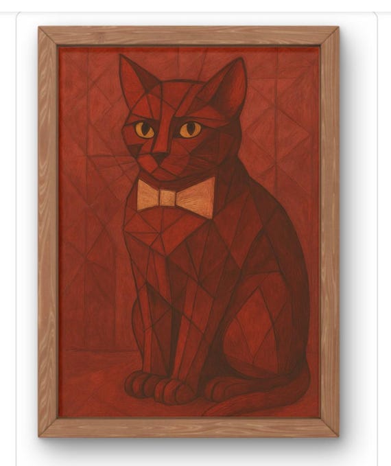 Geometric Red Cat Art Print Abstract Modern Feline Illustration Stylish With Bow Tie Wall Decor Available A5 A1