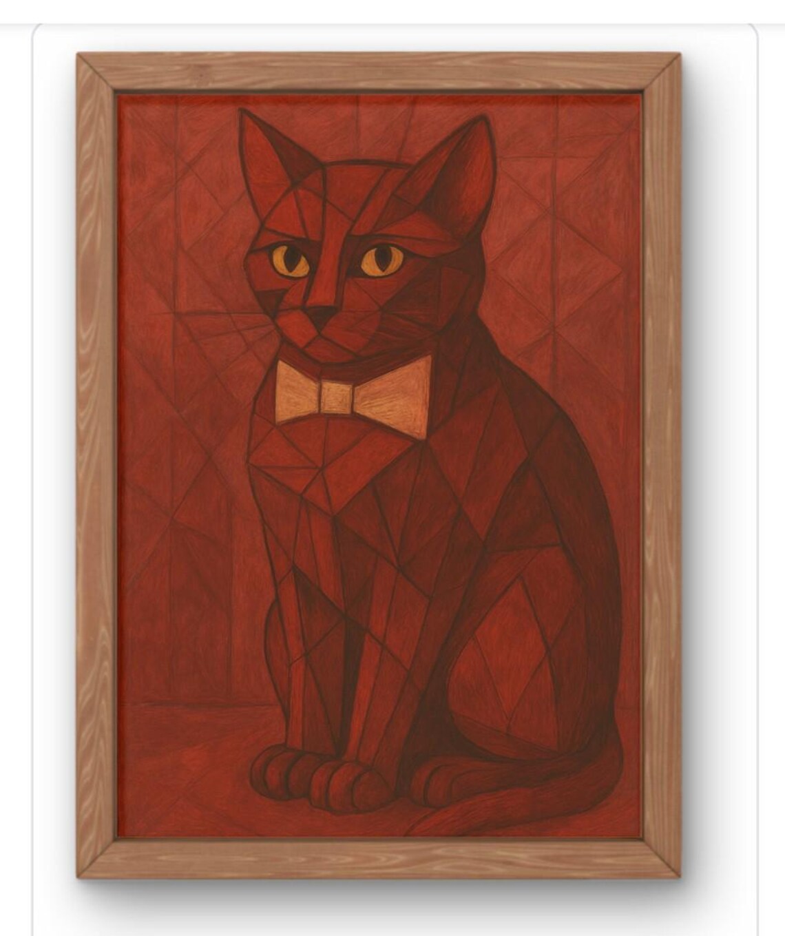 Geometric Red Cat Art Print Abstract Modern Feline Illustration Stylish With Bow Tie Wall Decor Available A5 A1