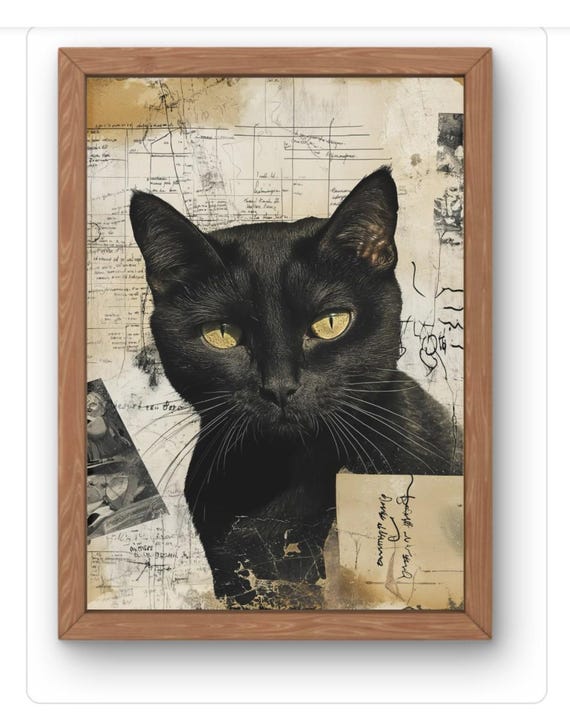 Black Cat Collage Art Print Vintage Mixed Media Wall Decor With Grunge Ephemera And Handwriting Gothic Home Gift
