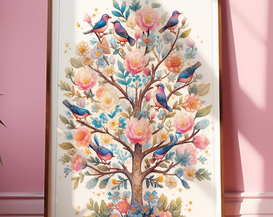 Watercolor Tree of Life With Bluebirds and Roses Floral Art Print