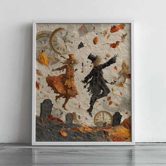 Surreal Dancing Scarecrows Poster with Melting Clocks and Autumn Leaves