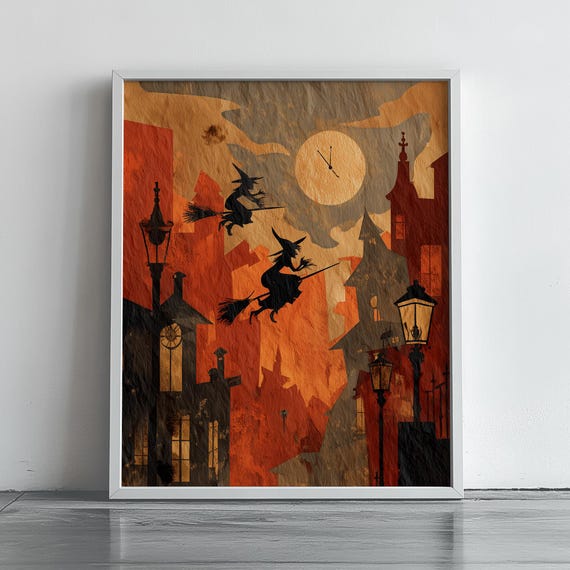 Vintage Halloween Witches Flying Brooms Moonlit Orange Cityscape Spooky Art Poster