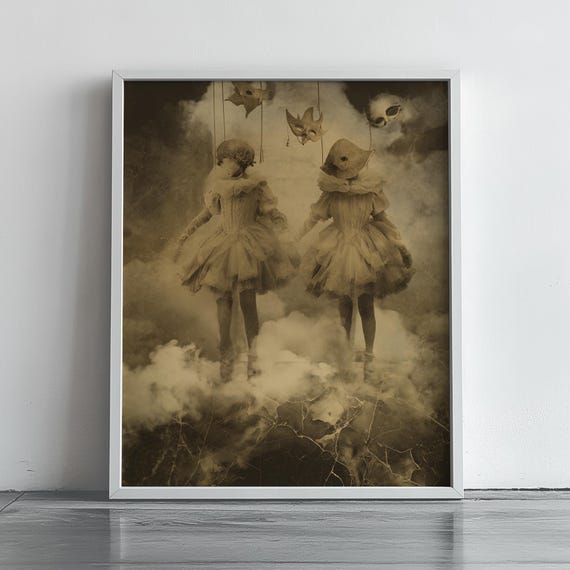 Halloween Marionette Ballerinas Poster Sepia Puppet Masks Surreal Spooky Art