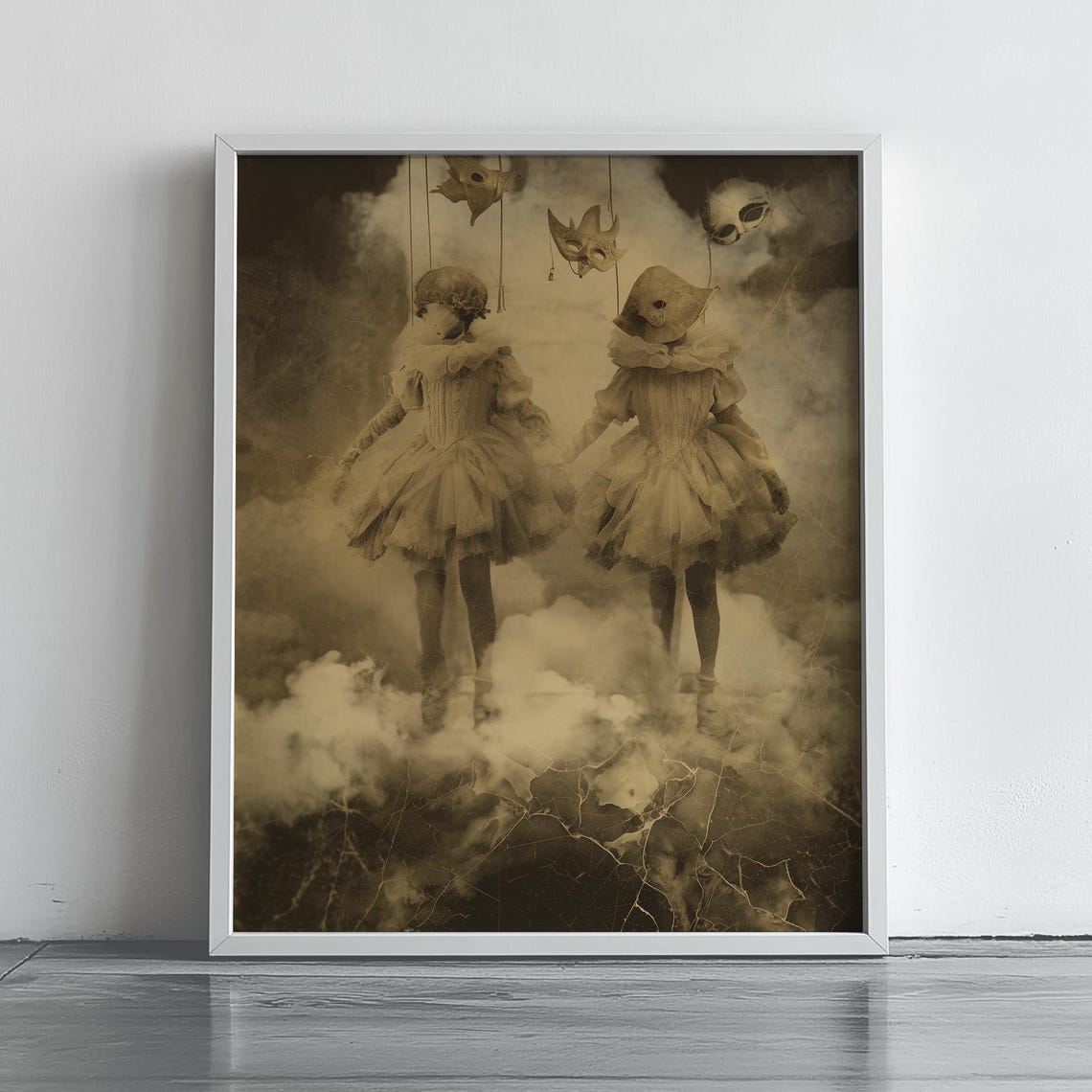 Halloween Marionette Ballerinas Poster Sepia Puppet Masks Surreal Spooky Art