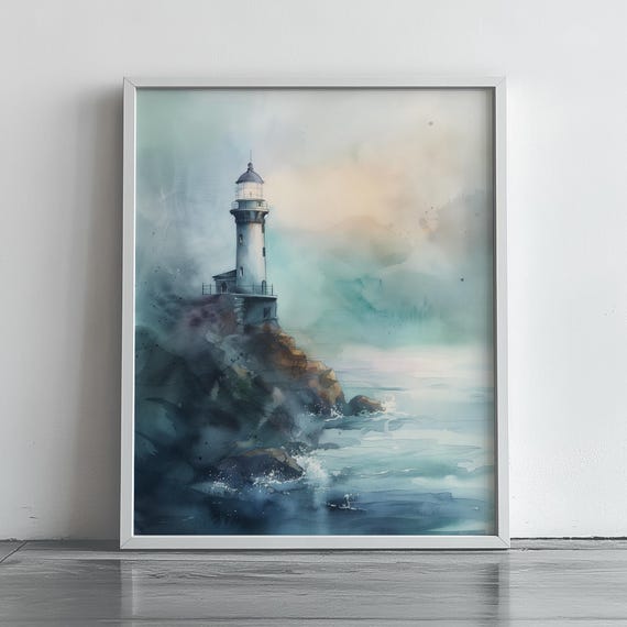 Dreamy Lighthouse Watercolor Coastal Wall Art Rocky Shore Scene Nautical Decor Moody Ocean Landscape Painting 456