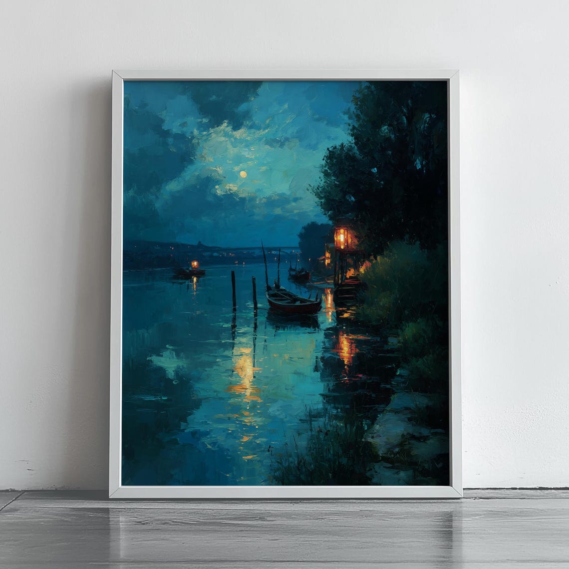 Moonlit River Night Boats Moody Oil Painting Landscape Poster