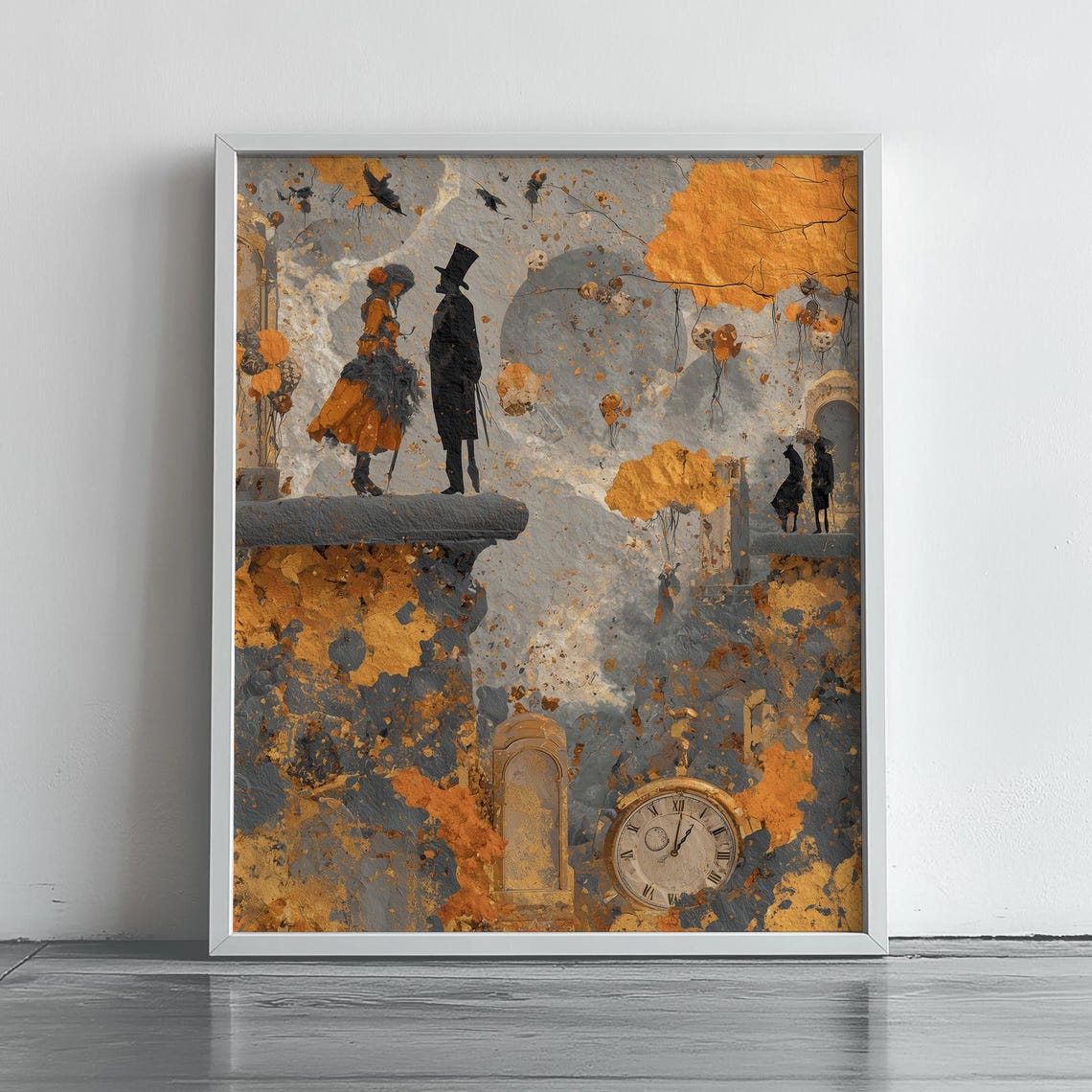 Surreal Autumn Lovers Cliff Edge Pocket Watch Vintage Poster