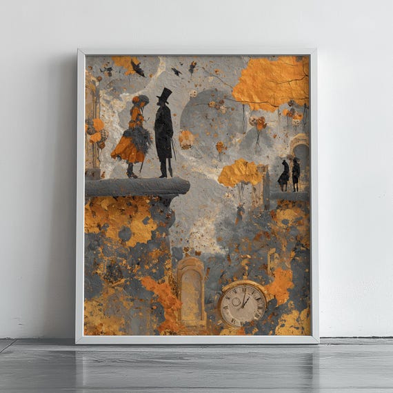 Surreal Autumn Lovers Cliff Edge Pocket Watch Vintage Poster