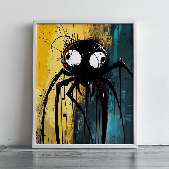 Abstract Spider Wall Art Spooky And Modern Painting Halloween Decor Edgy Black Yellow Unique Home 248