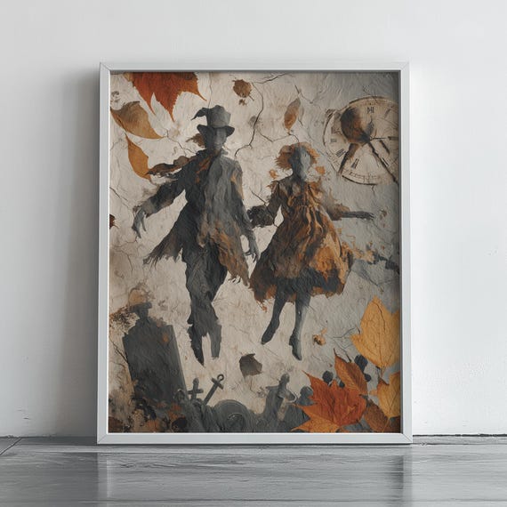 Scarecrow Couple Dancing Among Autumn Leaves Cracked Texture Art Poster