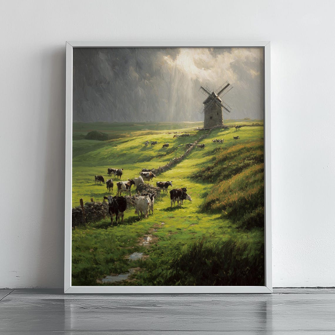 Cows Windmill Green Pasture Rustic Farm Landscape Oil Poster