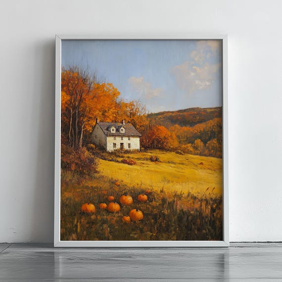 Autumn Farmhouse On Hillside Rustic Fall Landscape Art Pumpkin Field Scene Country Cottage Decor Wall 374