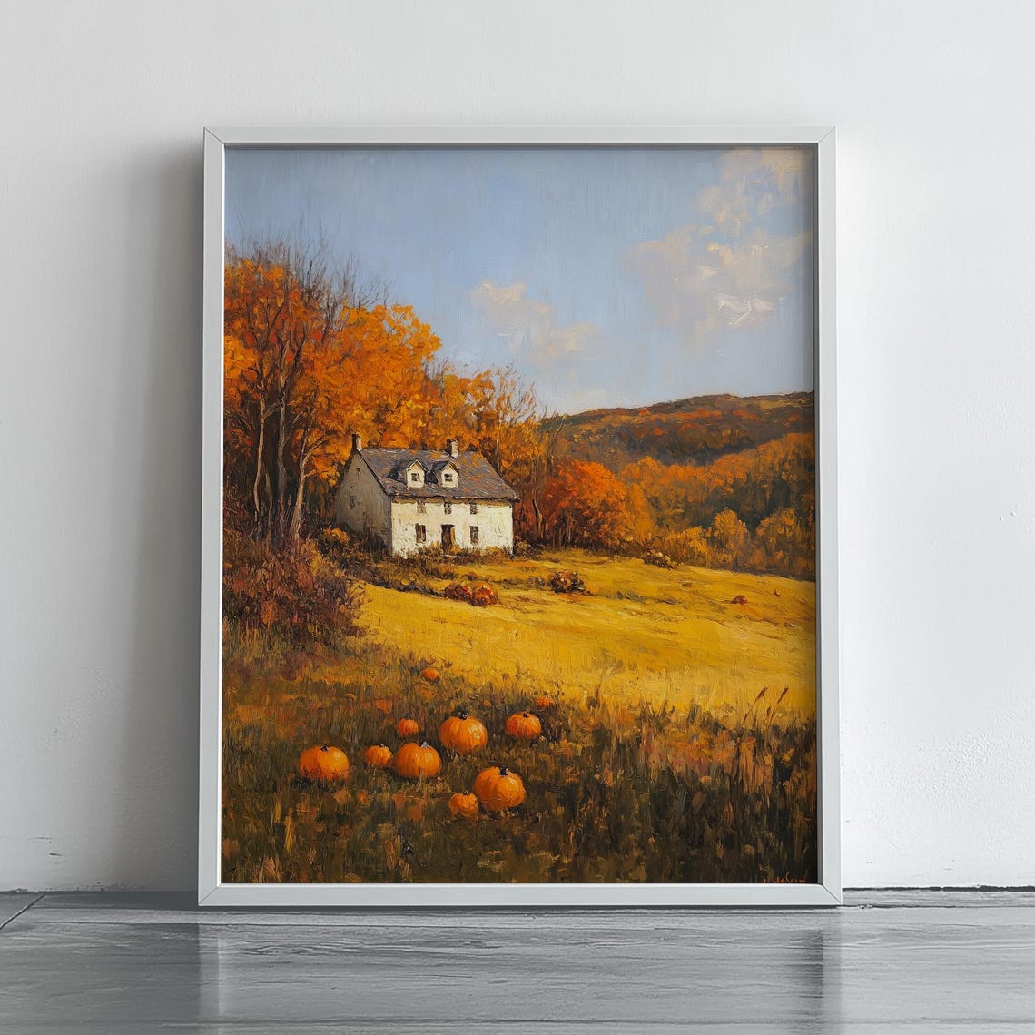 Autumn Farmhouse On Hillside Rustic Fall Landscape Art Pumpkin Field Scene Country Cottage Decor Wall 374