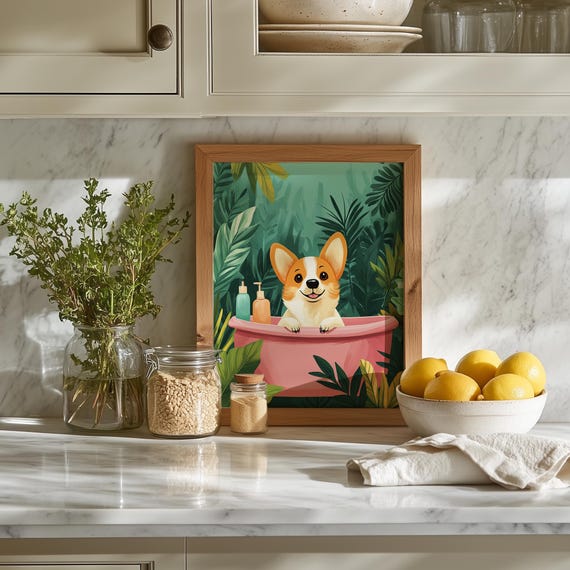 Adorable Corgi In Pink Bathtub Wall Art Cute Dog Decor Rustic Pet Illustration Playful Animal Print For Bathroom 13