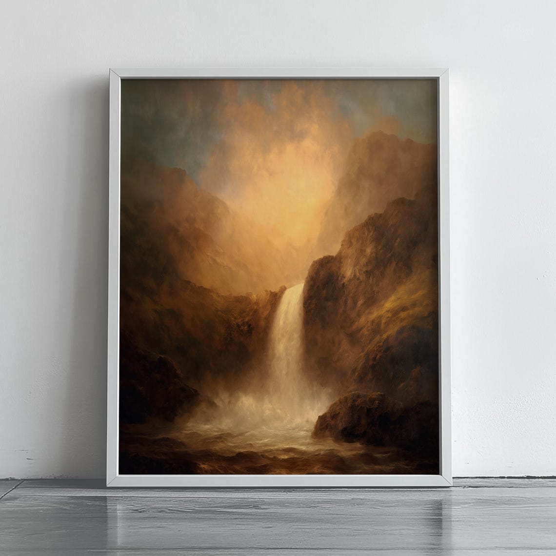 Moody Golden Waterfall Rocky Canyon Atmospheric Landscape Poster