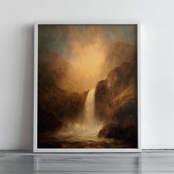 Moody Waterfall Scene Painting Atmospheric Landscape Art Turner Style Rustic Earthy Decor Wall 153