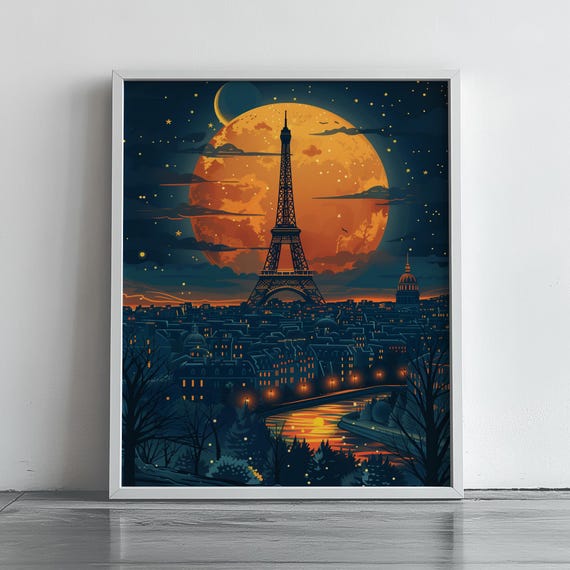 Paris Eiffel Tower Under Moonlight Vintage Travel Poster Night Cityscape Art French Decor Wall Illustration 199