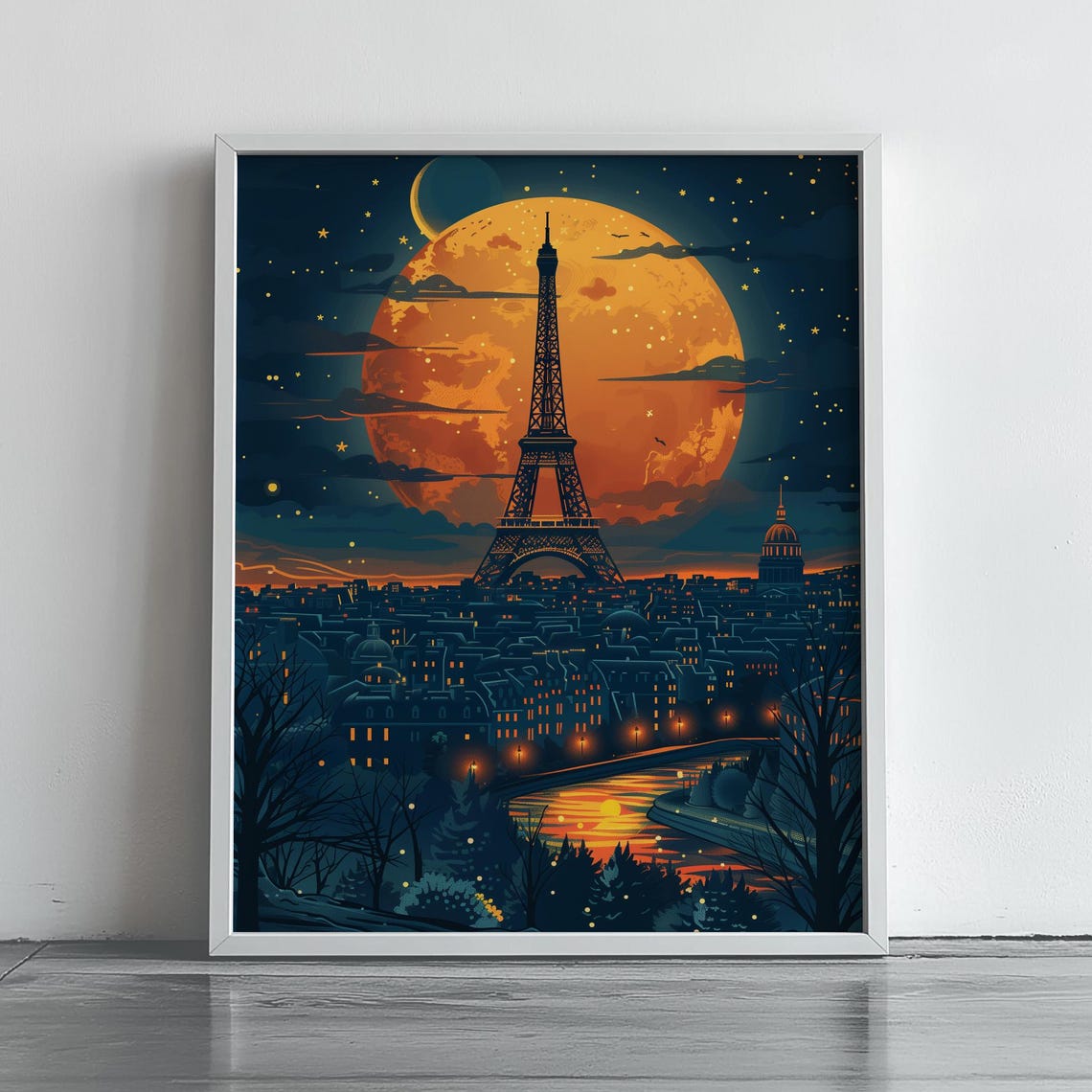 Paris Eiffel Tower Under Full Moon Night Skyline Vintage Poster