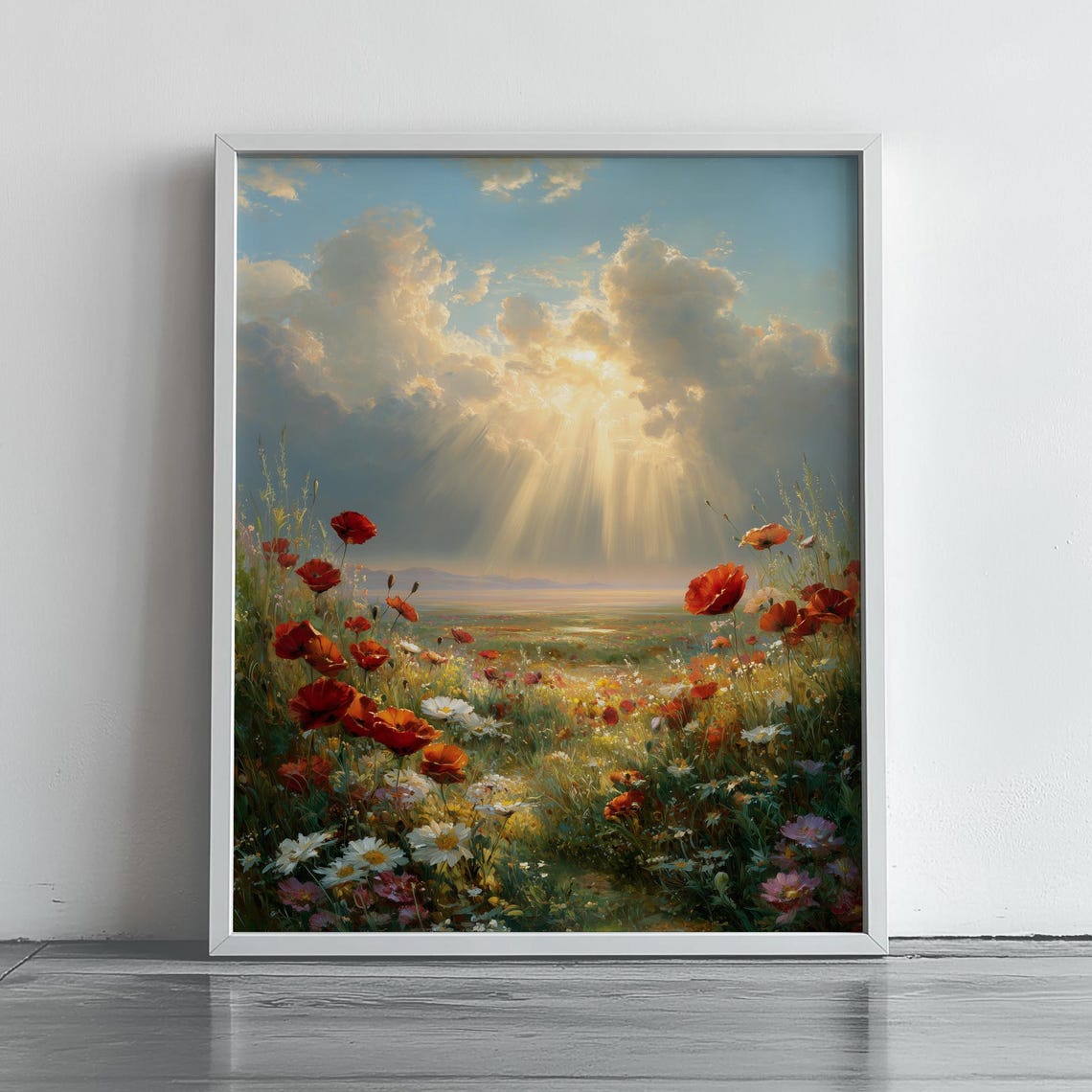 Sunlit Meadow Poppies Daisies Floral Landscape Oil Painting Poster