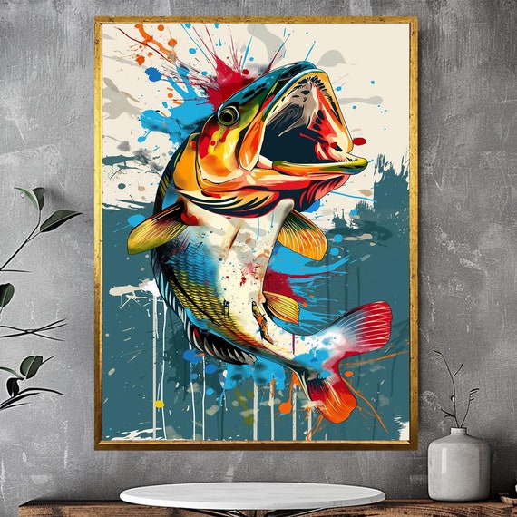 Fishing Art Graffiti Fish Wall Decor Print Colorful Bass Splash Art Framed Abstract Fishing Bold Sport