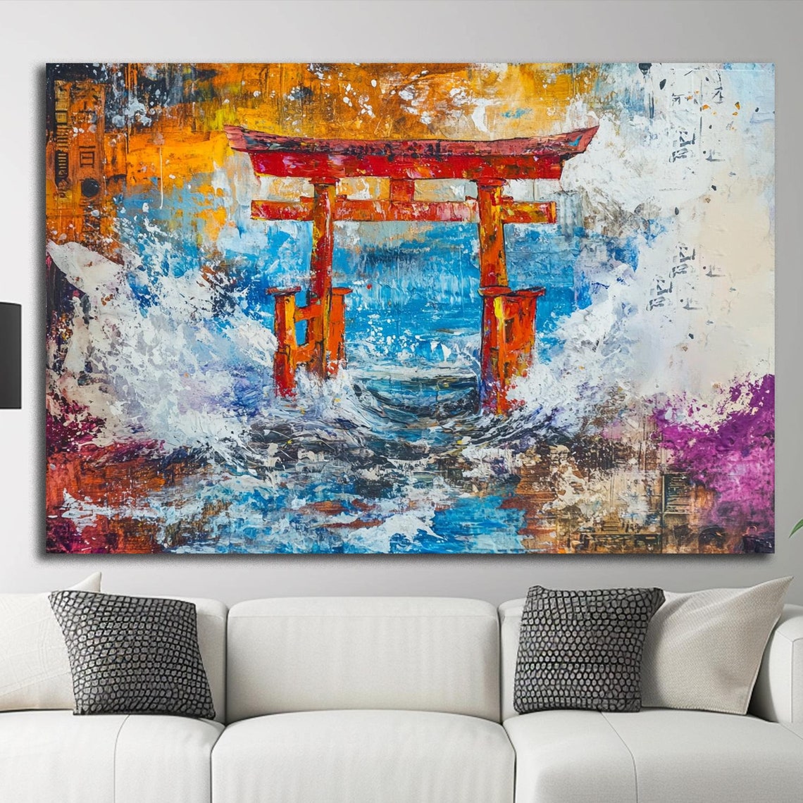 Red Torii Gate Ocean Waves Japanese Abstract Expressionist Poster