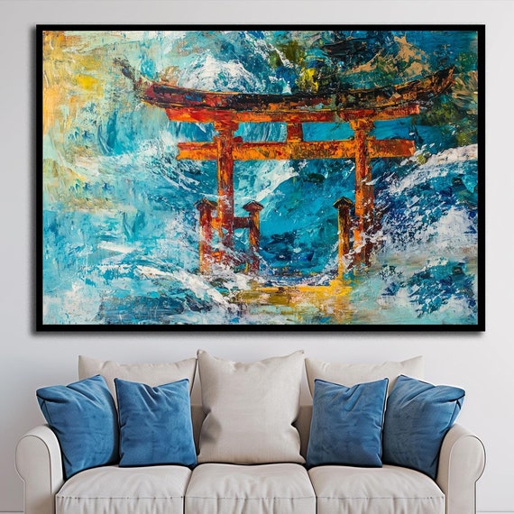 Torii Gate Art Japanese Art Wall Art Ocean Abstract Painting Zen Wall Art Cultural Art Red Torii Gate Spiritual Art