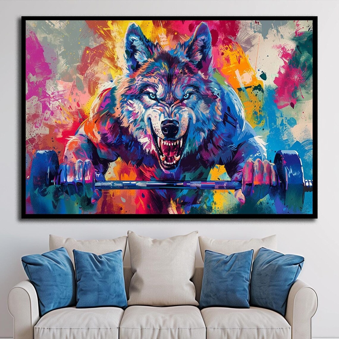 Fierce Wolf Weightlifting Barbell Neon Colorful Gym Motivation Poster