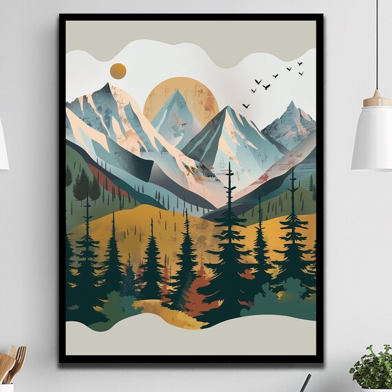 Abstract Autumn Mountain Forest Golden Sun Minimalist Art Poster