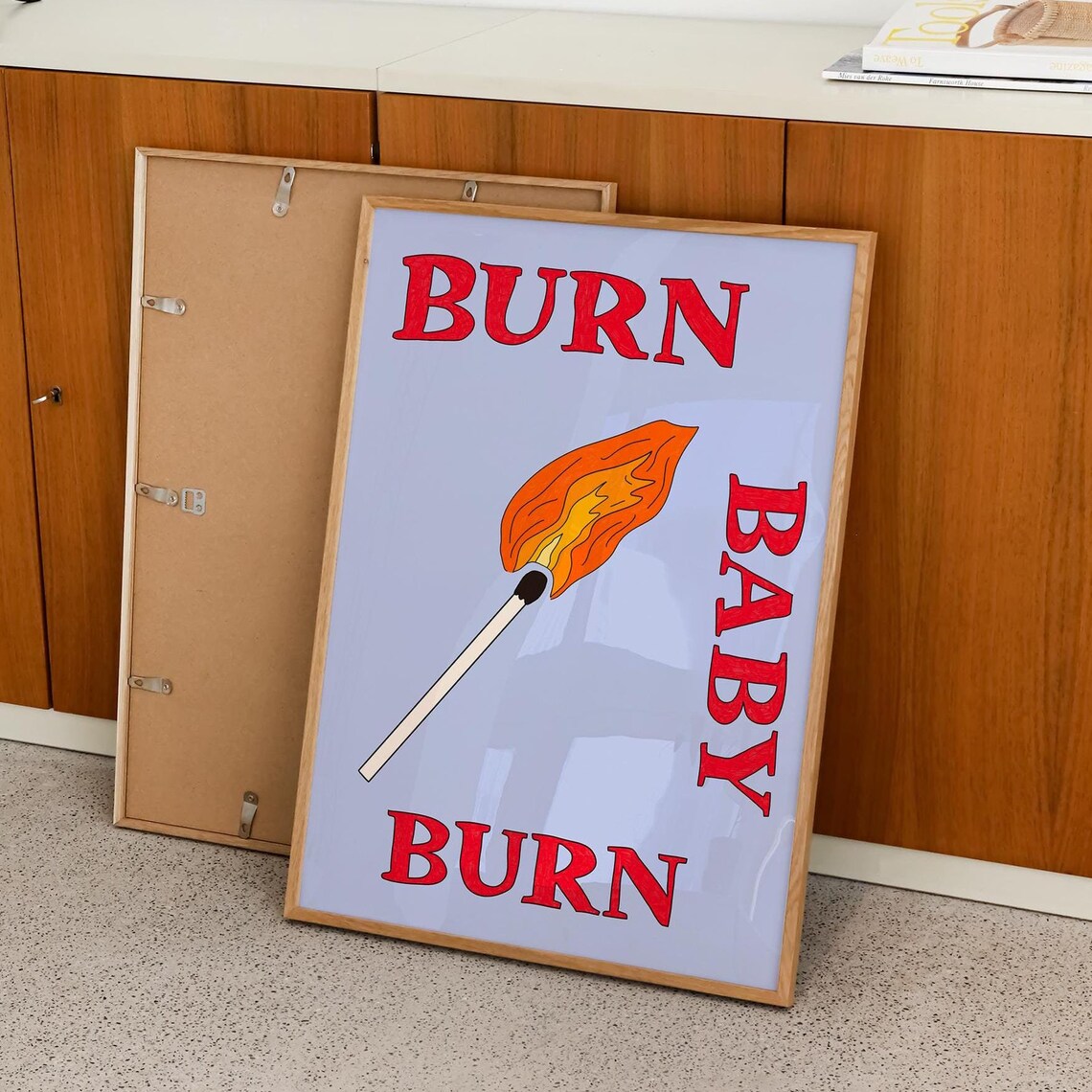 Burn Baby Burn Lit Match Retro Blue Matchbox Statement Poster