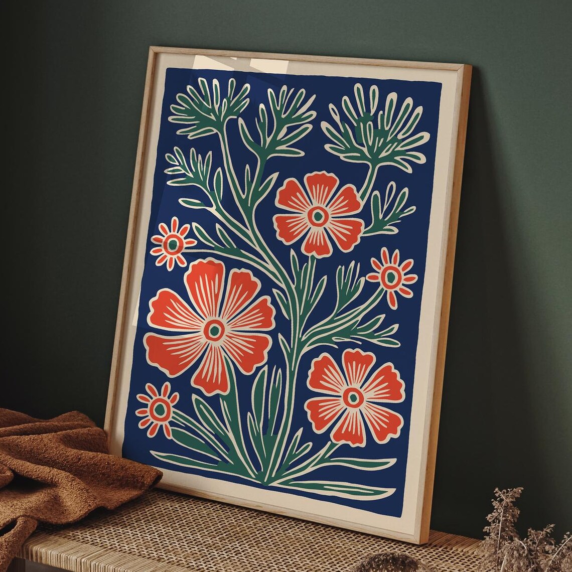 Coral Flower Bouquet on Navy Background Folk Art Botanical Poster