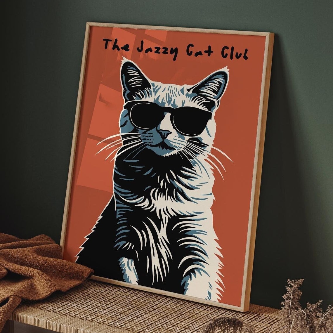 The Jazzy Cat Club Sunglasses Cat Orange Rust Vintage Poster