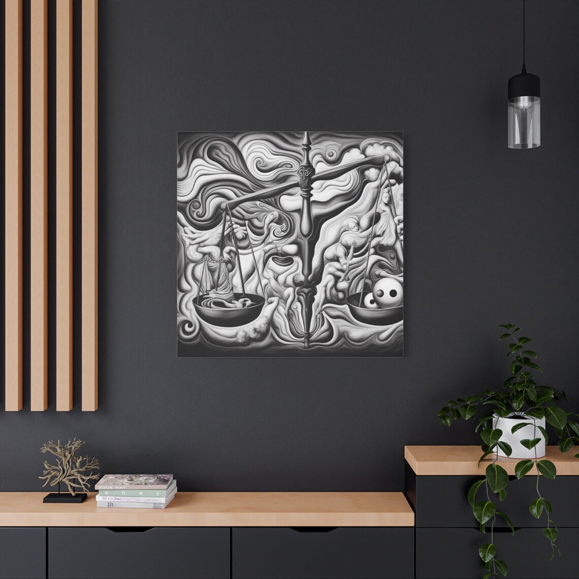 Surreal Black and White Balance Scale Cosmic Surrealist Art Poster - Image 2