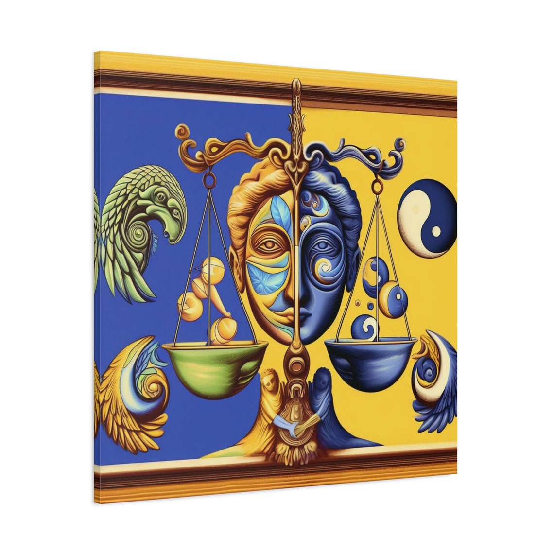Surreal Yin Yang Justice Scales Split Face Blue Gold Harmony Poster - Image 3