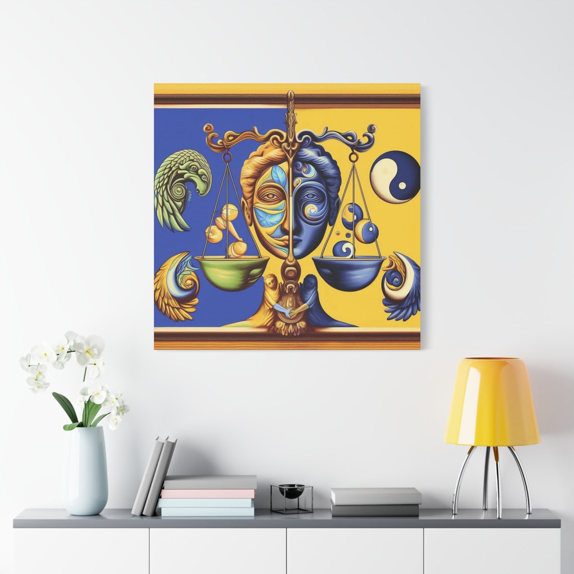 Surreal Yin Yang Justice Scales Split Face Blue Gold Harmony Poster - Image 2