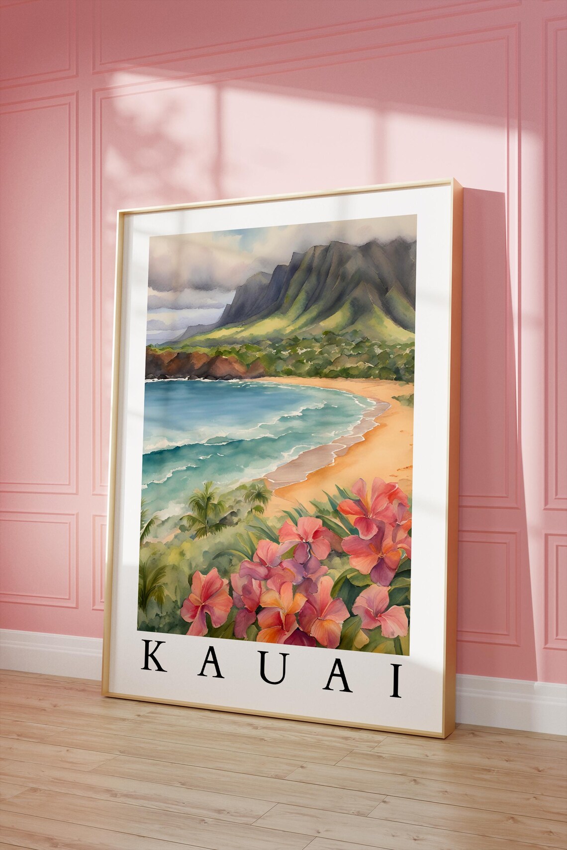 Kauai Hawaii Beach Watercolor Travel Poster for Tropical Home Decor