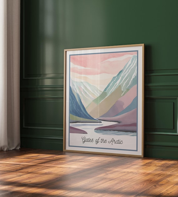 Gates of the Arctic Watercolor Travel Poster Alaska Mountain Wall Decor