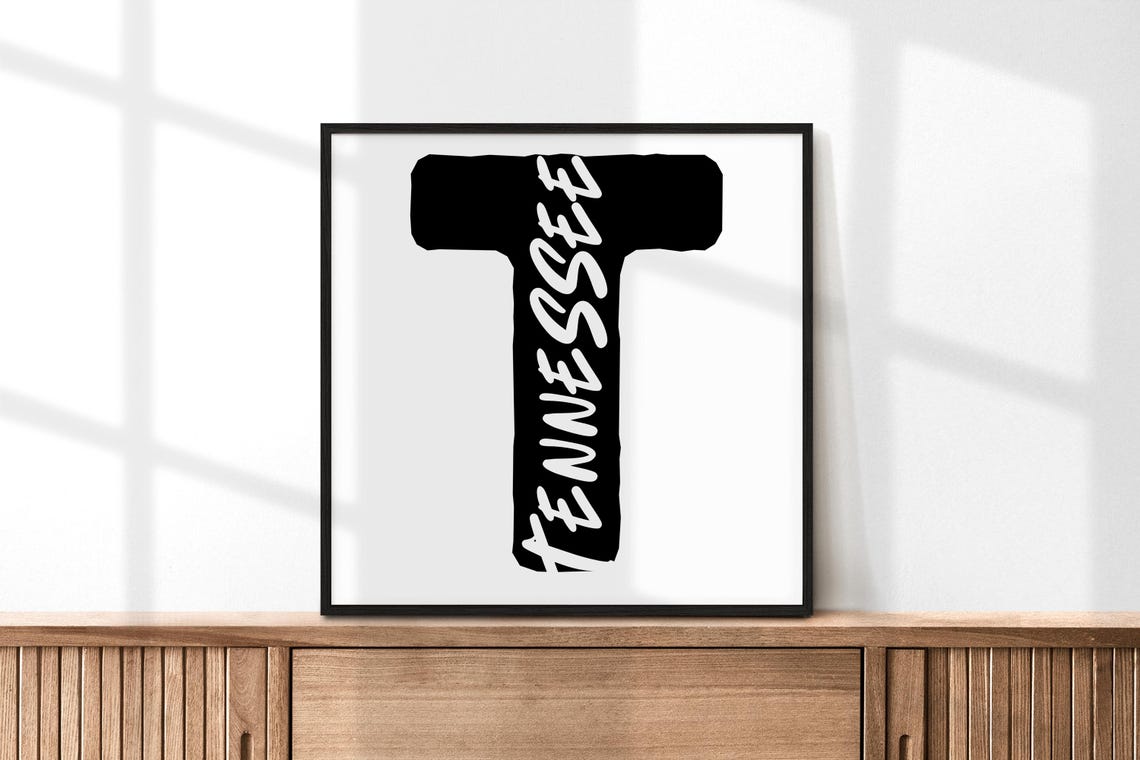 Tennessee State Large Letter T Black White Minimalist Typography Print