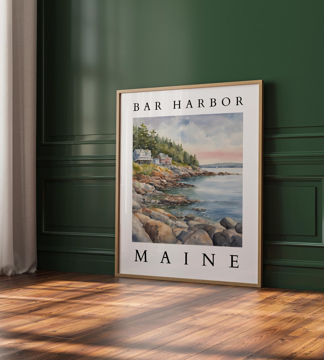 Bar Harbor Maine Watercolor Art Print, Seaside Scene