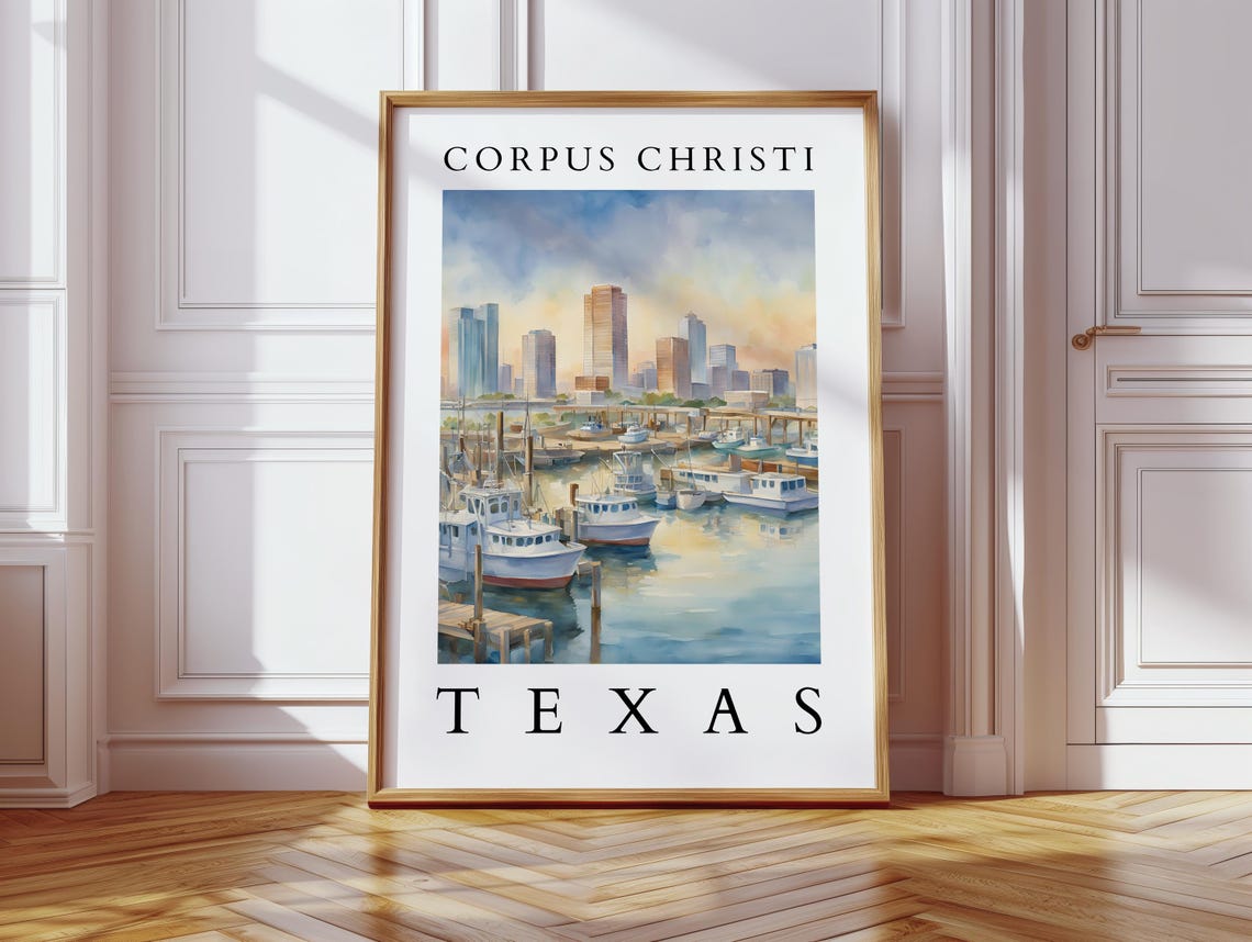 Corpus Christi Texas Watercolor Marina Sunset Skyline Poster