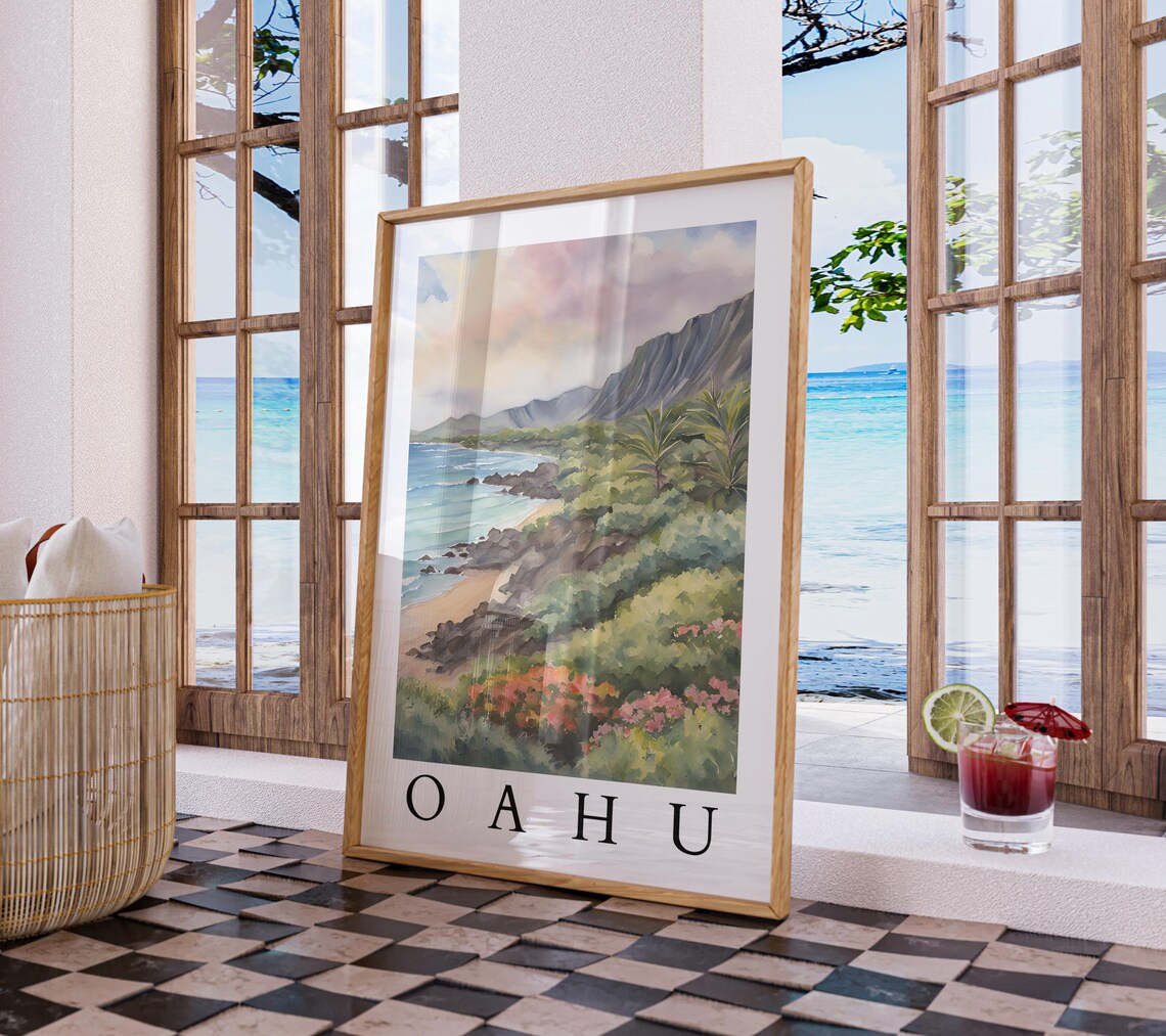 Oahu Hawaii Watercolor Coast Travel Poster for Tropical Home Decor